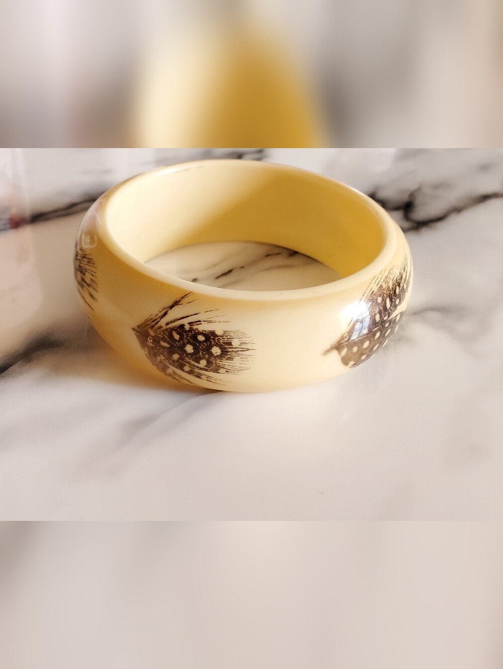 Vtg. Acrylic Lucite Guine Fowl Feather Bangle Bracelet